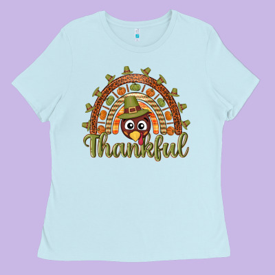 Turkey Rainbow Thankful Thanksgiving Ladies Tee Designed By Nancycooperartshop