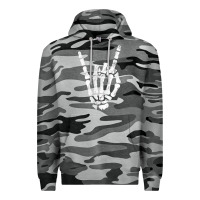 Slate Camo Rock Hand Sign Skeleton Rock N Roll Halloween Faux Pocket Premium Hoodie - longCreatives