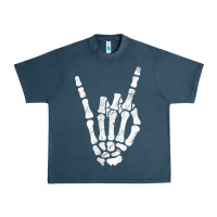 Midnight Navy Rock Hand Sign Skeleton Rock N Roll Halloween Faux Pocket Urban Heavy Tee - longCreatives