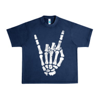 Navy Rock Hand Sign Skeleton Rock N Roll Halloween Faux Pocket Urban Heavy Tee - longCreatives