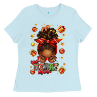 Baby Blue one merry mama christmas afro messy bun Ladies Tee - texasbilliewilder