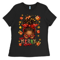 Black one merry mama christmas afro messy bun Ladies Tee - texasbilliewilder