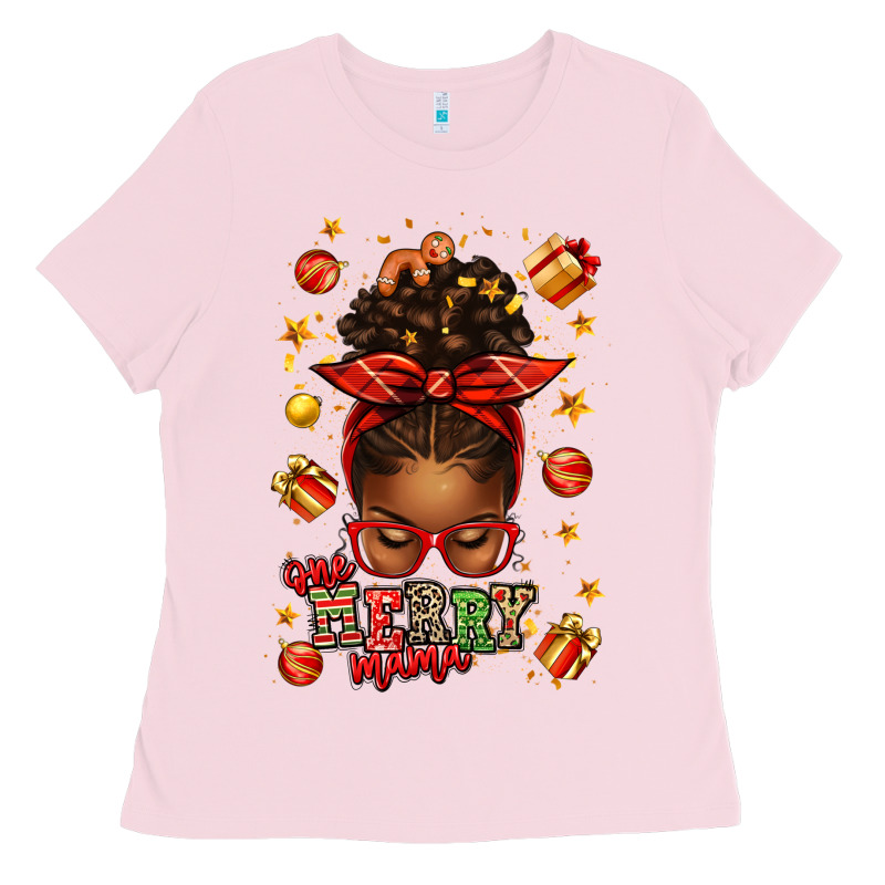 One Merry Mama Christmas Afro Messy Bun Ladies Tee by texasbilliewilder | Teevron
