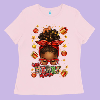 One Merry Mama Christmas Afro Messy Bun Ladies Tee Designed By Texasbilliewilder