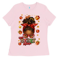 Bubblegum Pink one merry mama christmas afro messy bun Ladies Tee - texasbilliewilder