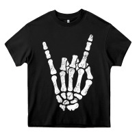 Rock Hand Sign Skeleton Rock N Roll Halloween Faux Pocket Heavy Core Tee | Teevron