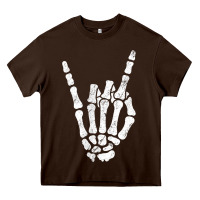 Chocolate Brown Rock Hand Sign Skeleton Rock N Roll Halloween Faux Pocket Heavy Core Tee - longCreatives