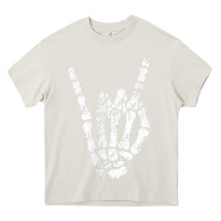 Cream Rock Hand Sign Skeleton Rock N Roll Halloween Faux Pocket Heavy Core Tee - longCreatives