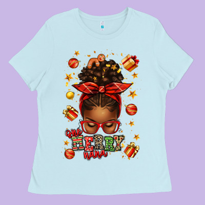 One Merry Nana Christmas Afro Messy Bun Ladies Tee Designed By Texasbilliewilder