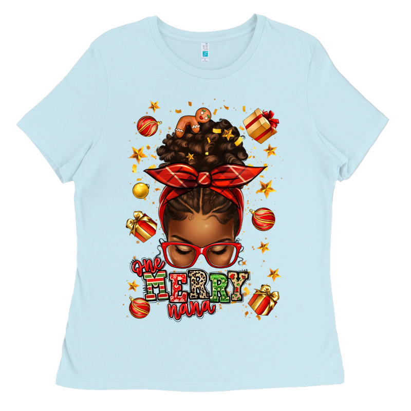 One Merry Nana Christmas Afro Messy Bun Ladies Tee by texasbilliewilder | Teevron