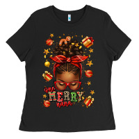 Black one merry nana christmas afro messy bun Ladies Tee - texasbilliewilder