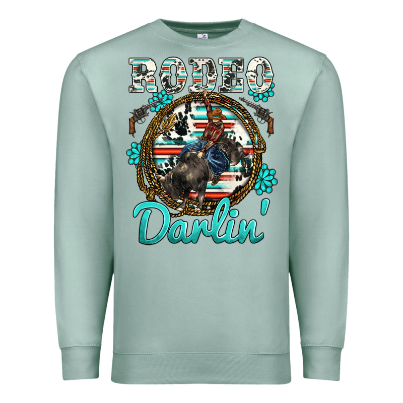 Western Rodeo Darlin' Bullfighter Serape Cowhide Turquoise Gemstones Premium Sweatshirt by BarkalooDesign | Teevron