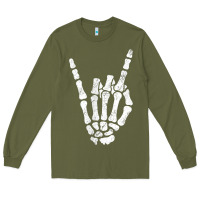 Army Green Rock Hand Sign Skeleton Rock N Roll Halloween Faux Pocket Long Sleeve Tee - longCreatives