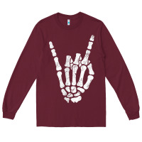 Burgundy Rock Hand Sign Skeleton Rock N Roll Halloween Faux Pocket Long Sleeve Tee - longCreatives