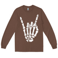 Chestnut Rock Hand Sign Skeleton Rock N Roll Halloween Faux Pocket Long Sleeve Tee - longCreatives