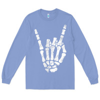 Colony Blue Rock Hand Sign Skeleton Rock N Roll Halloween Faux Pocket Long Sleeve Tee - longCreatives