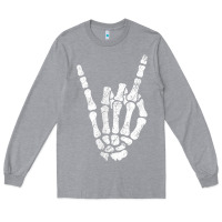 Heather Grey Rock Hand Sign Skeleton Rock N Roll Halloween Faux Pocket Long Sleeve Tee - longCreatives
