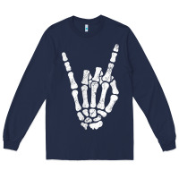 Navy Rock Hand Sign Skeleton Rock N Roll Halloween Faux Pocket Long Sleeve Tee - longCreatives