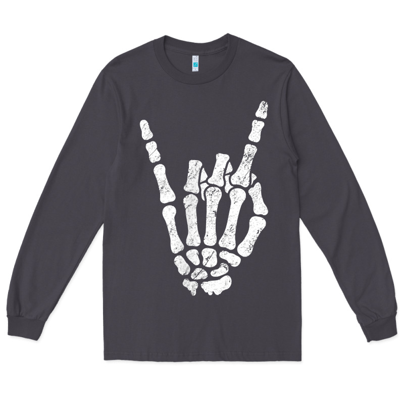 Rock Hand Sign Skeleton Rock N Roll Halloween Faux Pocket Long Sleeve Tee by longCreatives | Teevron