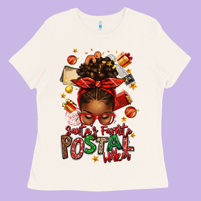 Santas Favorite Postal Worker Afro Messy Bun Ladies Tee Designed By Texasbilliewilder