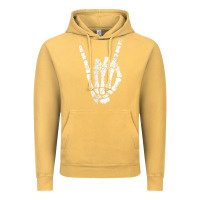 Vintage Mustard Rock Hand Sign Skeleton Rock N Roll Halloween Faux Pocket Vintage Hoodie - longCreatives