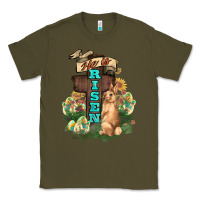 Army Green He is risen Bunny Cross Easter Day Classic Tee - HowdyJamesFarm