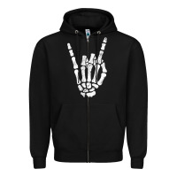 Black Rock Hand Sign Skeleton Rock N Roll Halloween Faux Pocket Zipper Hoodie - longCreatives