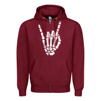 Burgundy Rock Hand Sign Skeleton Rock N Roll Halloween Faux Pocket Zipper Hoodie - longCreatives