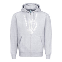 Heather Grey Rock Hand Sign Skeleton Rock N Roll Halloween Faux Pocket Zipper Hoodie - longCreatives