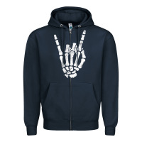 Navy Rock Hand Sign Skeleton Rock N Roll Halloween Faux Pocket Zipper Hoodie - longCreatives