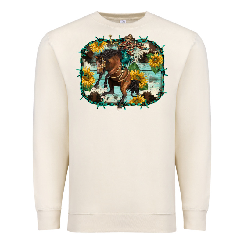 Western Rodeo Horse Cowhide Sunflowers Premium Sweatshirt by BarkalooDesign | Teevron