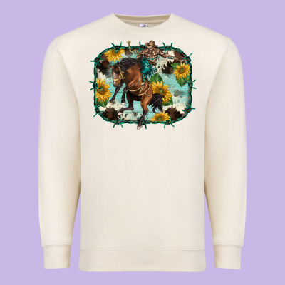 Western Rodeo Horse Cowhide Sunflowers Premium Sweatshirt Designed By Barkaloodesign