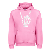 Fuchsia Pink Rock Hand Sign Skeleton Rock N Roll Halloween Faux Pocket Urban Hoodie - longCreatives