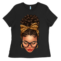 Black Light skin afro messy bun leopard bow Ladies Tee - texasbilliewilder
