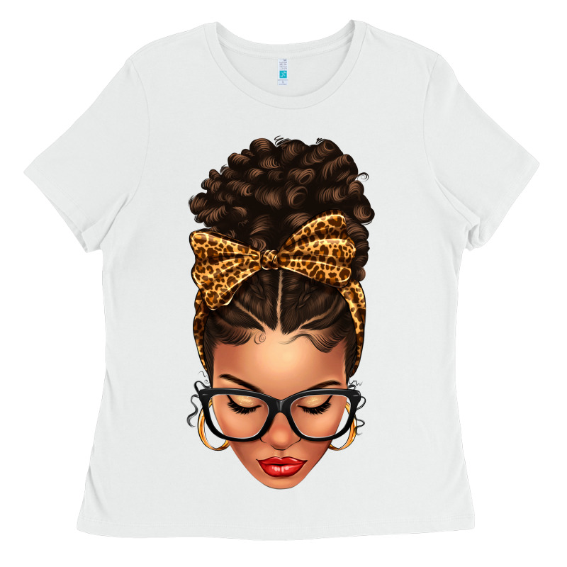 Light Skin Afro Messy Bun Leopard Bow Ladies Tee by texasbilliewilder | Teevron