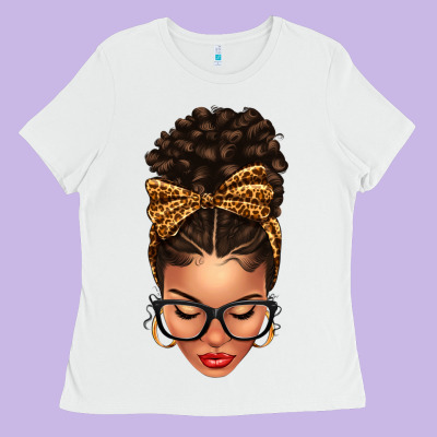 Light Skin Afro Messy Bun Leopard Bow Ladies Tee Designed By Texasbilliewilder