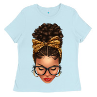 Baby Blue Light skin afro messy bun leopard bow Ladies Tee - texasbilliewilder