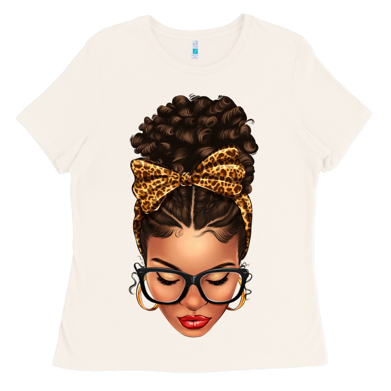 Light Skin Afro Messy Bun Leopard Bow Ladies Tee by texasbilliewilder | Teevron