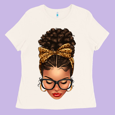 Light Skin Afro Messy Bun Leopard Bow Ladies Tee Designed By Texasbilliewilder