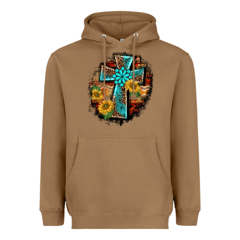 Western Turquoise's Leopard Cross  Wooden Aztek Sunflowers Background Heavyweight Hoodie by BarkalooDesign | Teevron