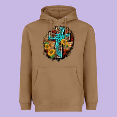 Western Turquoise's Leopard Cross  Wooden Aztek Sunflowers Background Heavyweight Hoodie Designed By Barkaloodesign