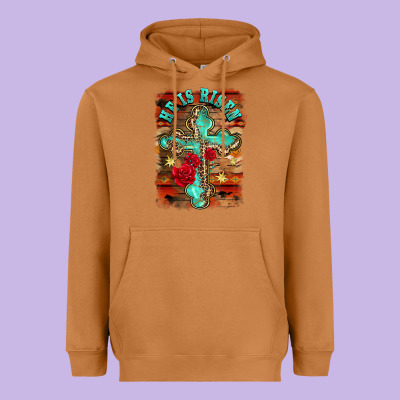 He Is Risen Cross With Roses Background Heavyweight Hoodie Designed By Barkaloodesign