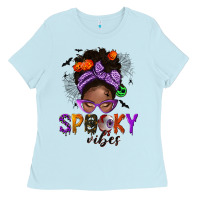 Baby Blue Spooky vibes afro messy bun Ladies Tee - NancyCooperArtShop