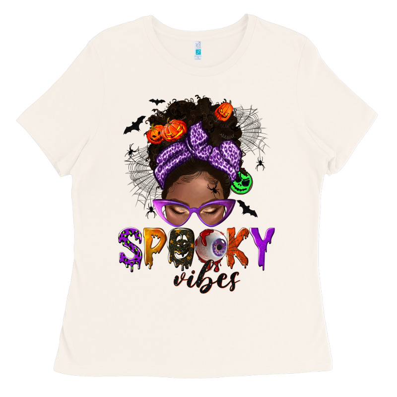 Spooky Vibes Afro Messy Bun Ladies Tee by NancyCooperArtShop | Teevron