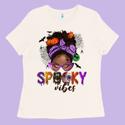 Spooky Vibes Afro Messy Bun Ladies Tee Designed By Nancycooperartshop