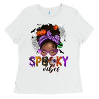 White Spooky vibes afro messy bun Ladies Tee - NancyCooperArtShop