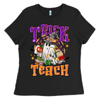 Black Trick or teach Halloween Ladies Tee - NancyCooperArtShop