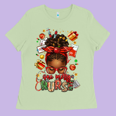 One Merry Nurse Afro Messy Bun Ladies Tee Designed By Texasbilliewilder