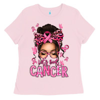 Bubblegum Pink lets beat cancer afro messy bun Ladies Tee - texasbilliewilder