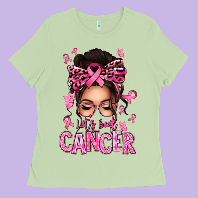 Lets Beat Cancer Afro Messy Bun Ladies Tee Designed By Texasbilliewilder